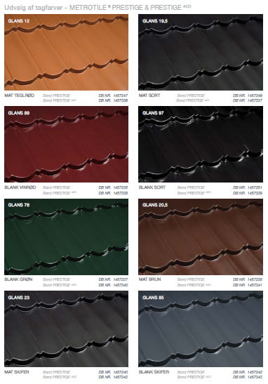 Udvalg af farver Metrotile Prestige og Prestige ACO