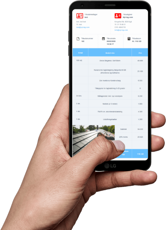 Brug din mobiltelefon til at beregne pris på tagrenovering og tagudskiftning af Ståltag, Tagpaptag, Tegltag, Eternittag