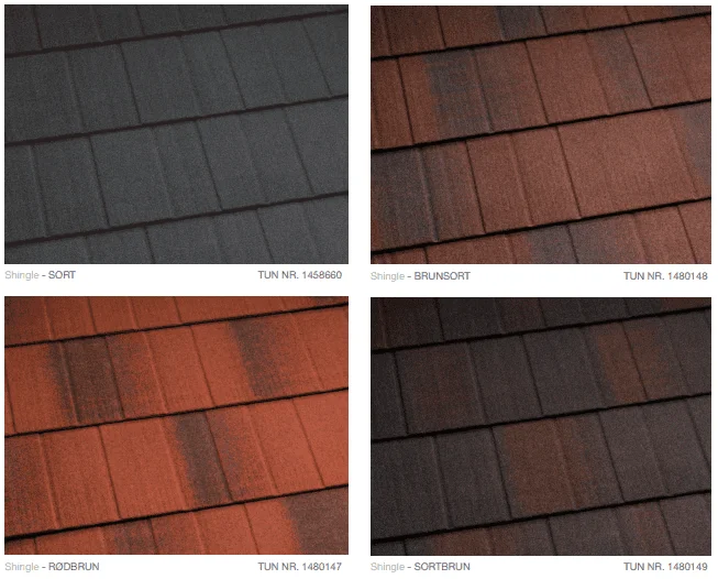 Metrotile Shingle ståltag fås i følgende farverne: Sort, Brunsort, Rødbrun og Sortbrun